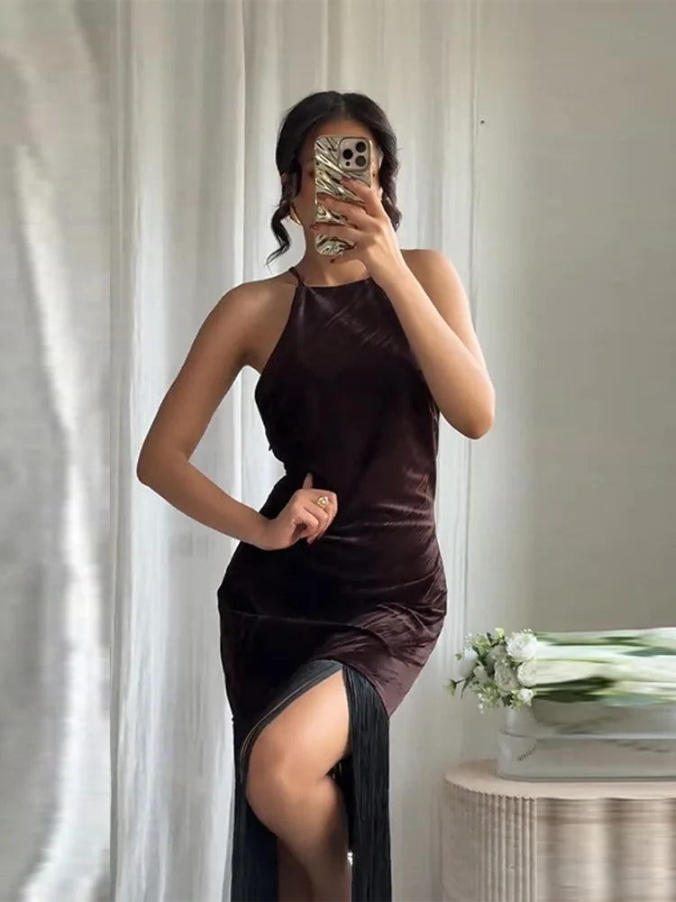 Sexy Velvet Tassels Long Dress Women Halter Sleeveless Hollow Out Backless Vestidos Female Chic Party Evening Robe 2026