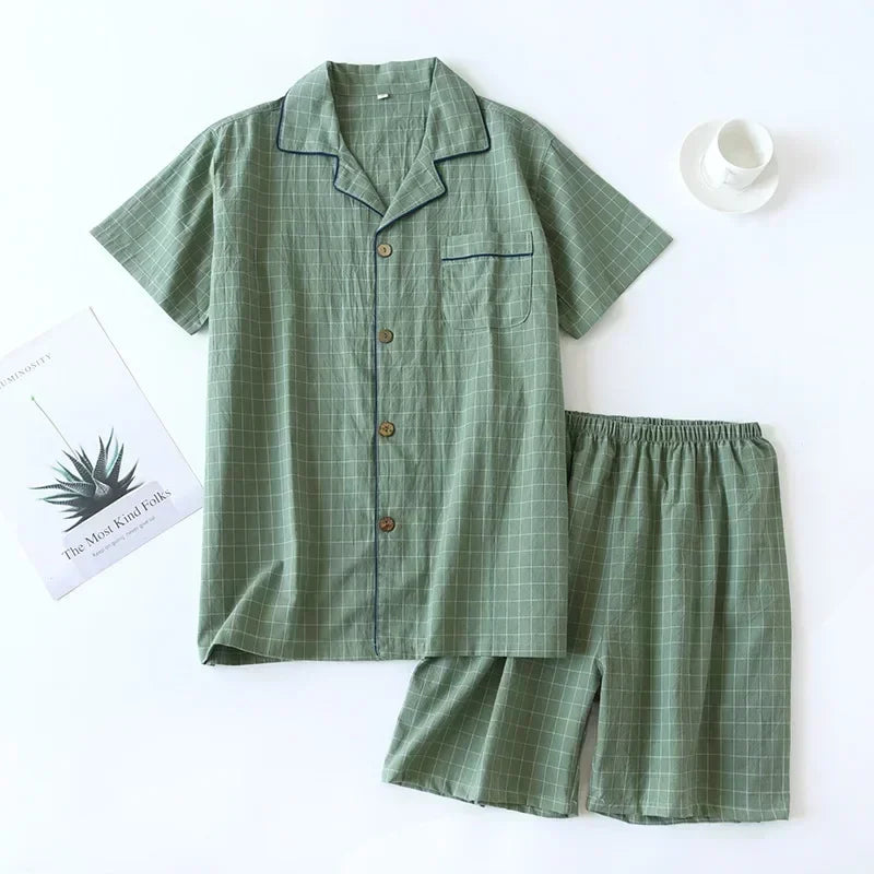 New 2024 Men's Summer Pajamas Sets Thin Short Sleeve Shorts Soft Cotton Japanese Plaid Home Service Suit Pantalon Pijama Hombre