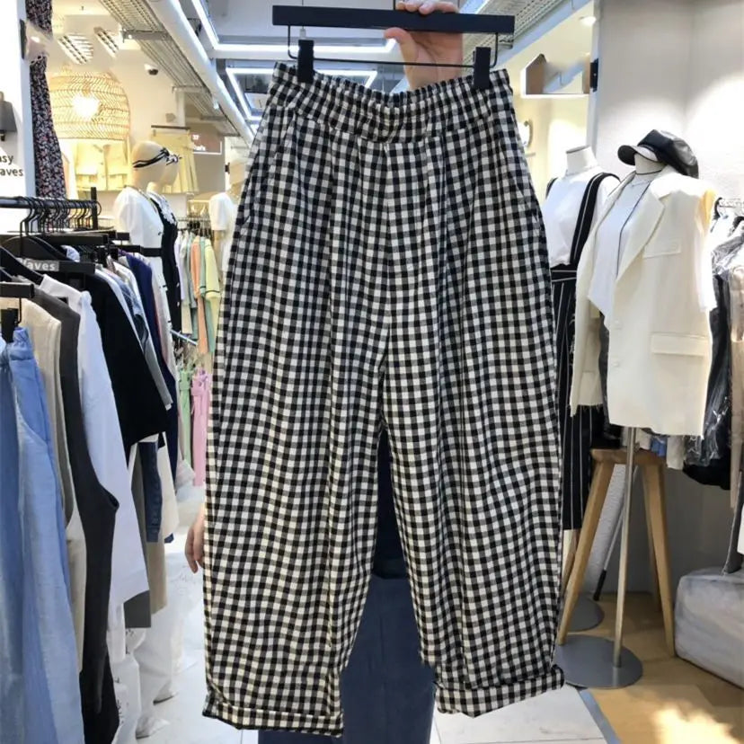 Summer Plaid Wide Leg Casual Pants High Waist Nine Points Faionable Loose Fit plus Size Women's Premium Quali Trousers