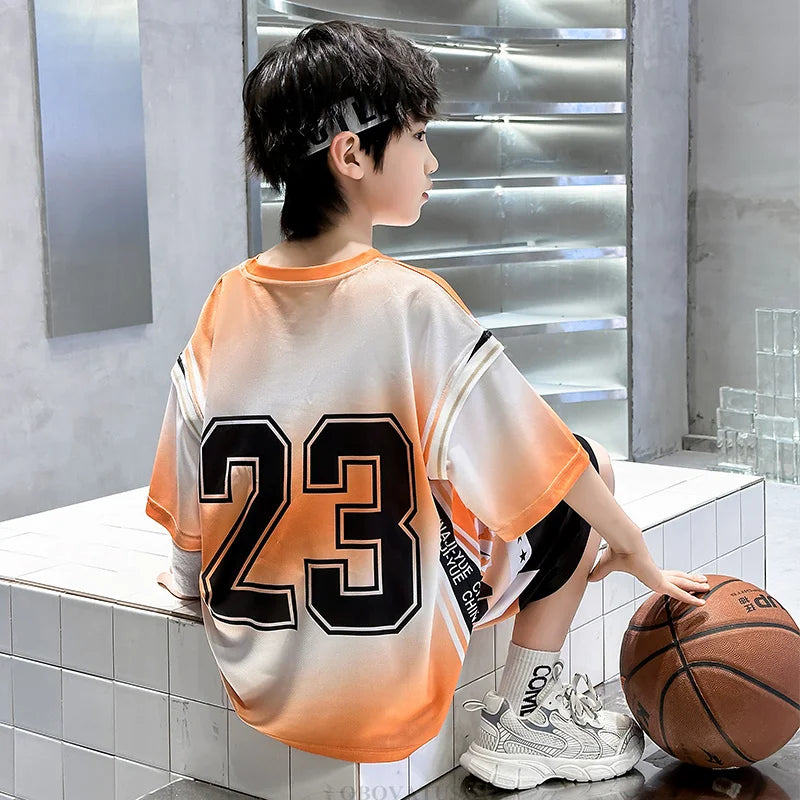 Child Boy Summer Sports Jerseys Suit T-shirt Shorts Tracksuit 2Pcs Clothes Set Teenage Kids Basketball Uniform Clothing Set 5-14