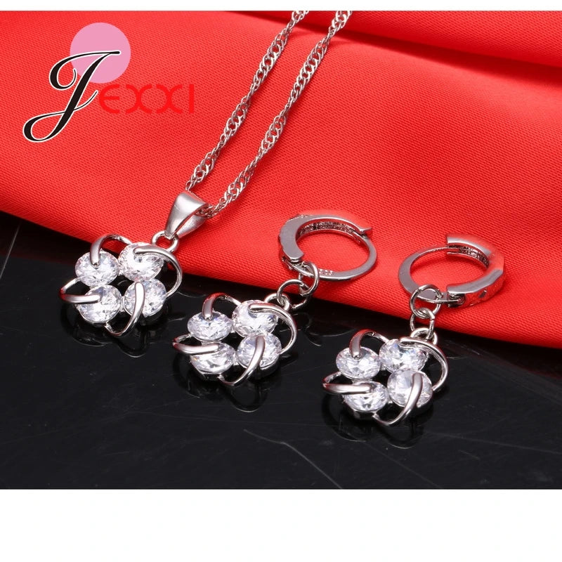 Women 925 Sterling Silver Jewelry Set Fashion Luxury Jewelry CZ Crystal Necklace Earring Pendant Bridal Jewellery Set