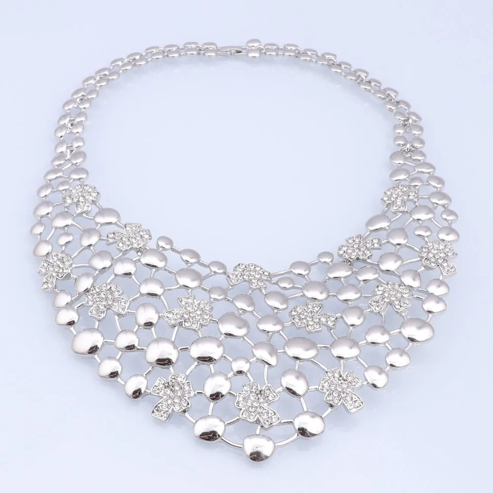 Elegant Jewelry Sets Dubai Silver Plated Jewelry Women Necklace Bracelet Earrings Ring Bride Wedding Party Accessories