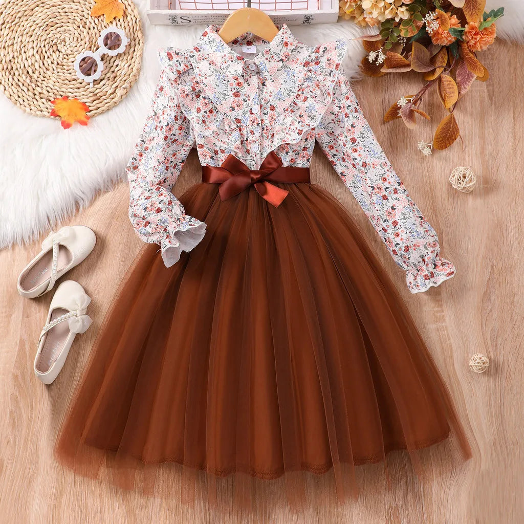 Kids Girl Black Dress Summer Long Sleeve Floral Gauze Belt Children Dress Casual Elegant Teen Princess Dress 7 8 9 10 11 12 Yrs