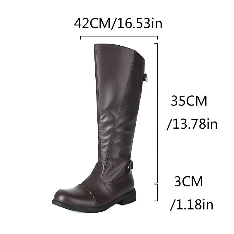Men Knee High Boots Belt Buckle Long Boots Round Toe Thick Heel Mid-Calf Boots Fashion Motorcycle Boot Zipper Leather Men Shoes