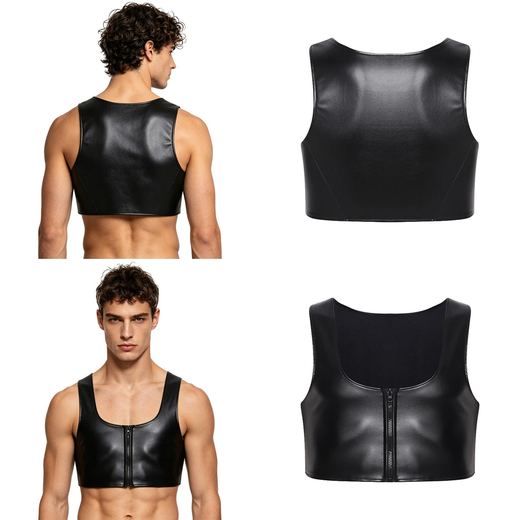 PU Leather Latex Vest for Men Casual Sleeveless Jacket Motorcycle Costume Low Square Neck Front Zipper Matte Outerwear Clubwear