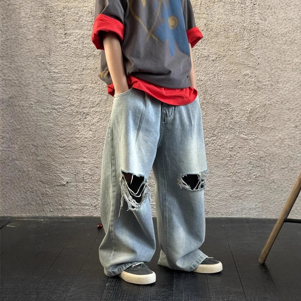 Children Pants 2025 Spring Boys Korean Ripped Denim Straight Leg Pants Children Casual Loose Wide Leg Pants