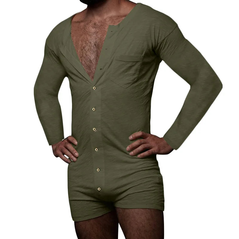 Men Pajamas Rompers Solid Color O Neck Long Sleeve Button Jumpsuits Homewear 2025 Breathable Men Thin