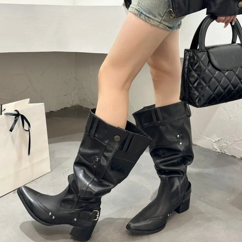 Wrapped Single Boots for Women Spring Summer Pointed Toe Studded Metal Buckle Side Zipper No Knee Block Heel Boots