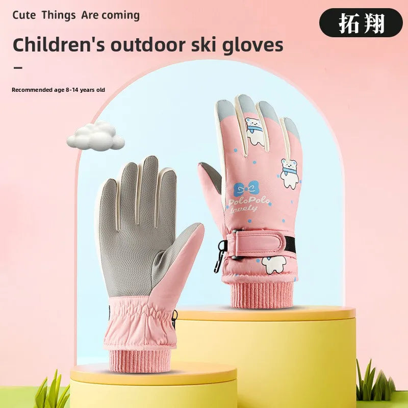 Children Ski Gloves Winter Warm Touchscreen Gloves Windproof Non‑slip Full Finger Gloves for Kids Boys Girls Cycling Snow Sports