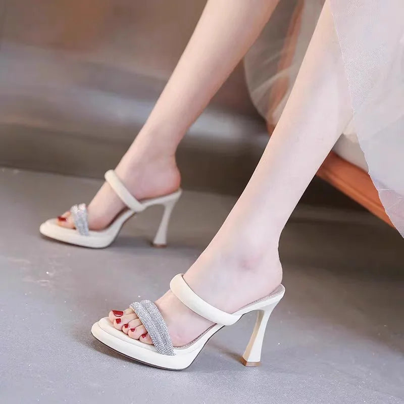 High Heel Sandals 2026 Summer New Round Rhinestone Platform Non-slip Wear-resistant Stiletto Slippers