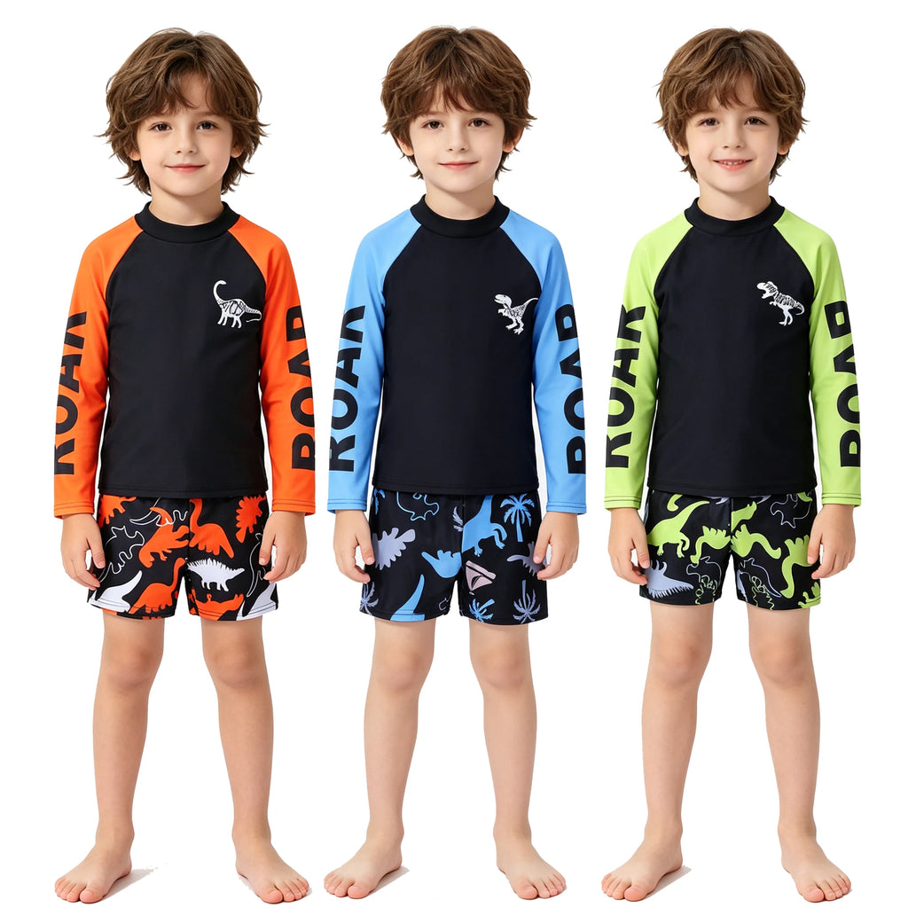 Boys Swimsuits Two Pieces Toddler 3 4 5 6 7 8 9 10 11 Years Long Sleeve Kids Swimwear Set Tops+Shorts Swim Outfits Bathing Suit