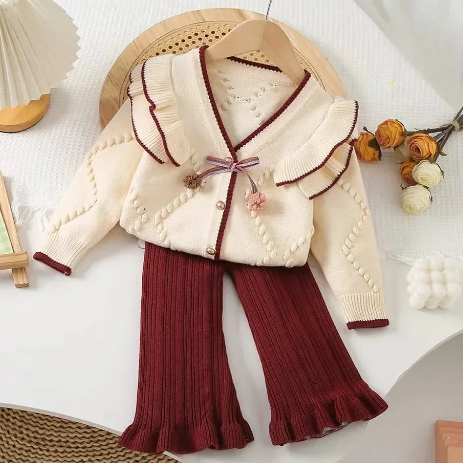 Children's Sets Cardigan & Bell Bottoms Set Girls Autumn Winter Fashion Sweater  Kids Clothes Two-piece Set