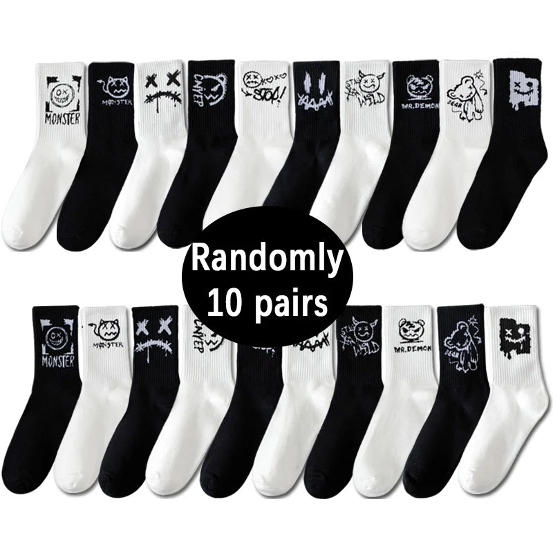 10 Pairs of Men Mid-Length Socks with Graffiti Funny Faces Unique Street Trends Moisture Wicking and Sweat Wicking