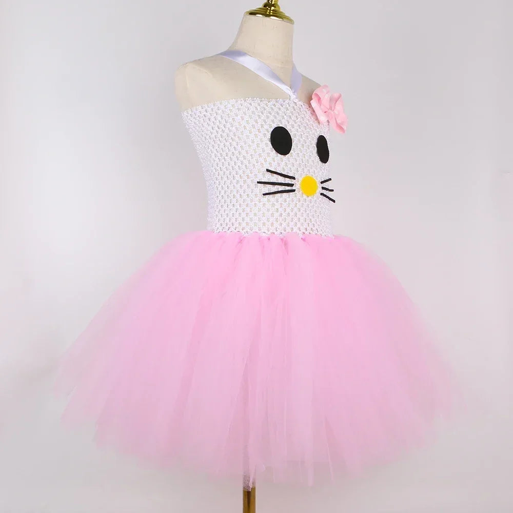 Kitty Costume for Girls Pink Tulle Tutu Dress Birthday Party Princess Dress Toddler Kids Halloween Cartoon Cat Dress Up Clothes