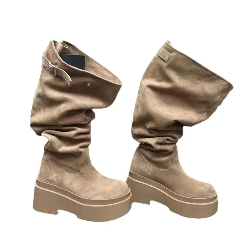 Women's Fashion Thick Heels Knee High Boots Khaki Flock Slip on Western Boots Woman Spring Autumn Soft Leather Short Botas Mujer