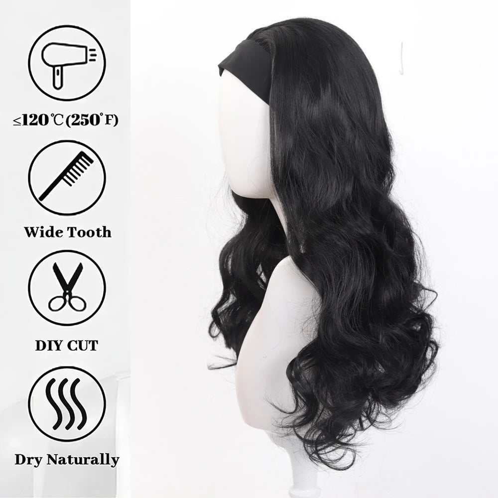 Long Synthetic Wavy Headband Wig for Women Black Wigs with Brown Blonde Highlight 100% Denisty Headband Wigs Glueless Wig Daily