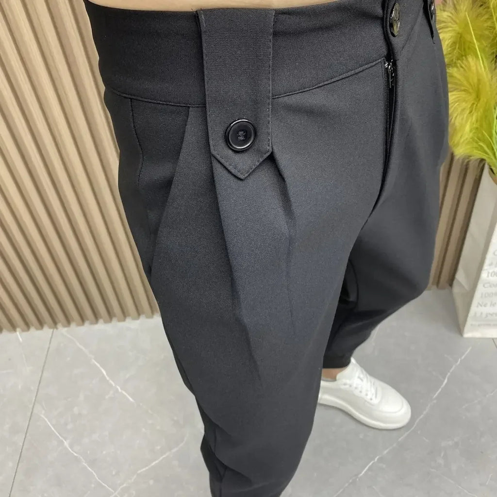 Slim Fit Plus Big Size Tressed Men's Summer Pants 9 Cropped Male Suit Trousers Korean Style Clothes Slacks 2025 Formal Luxury