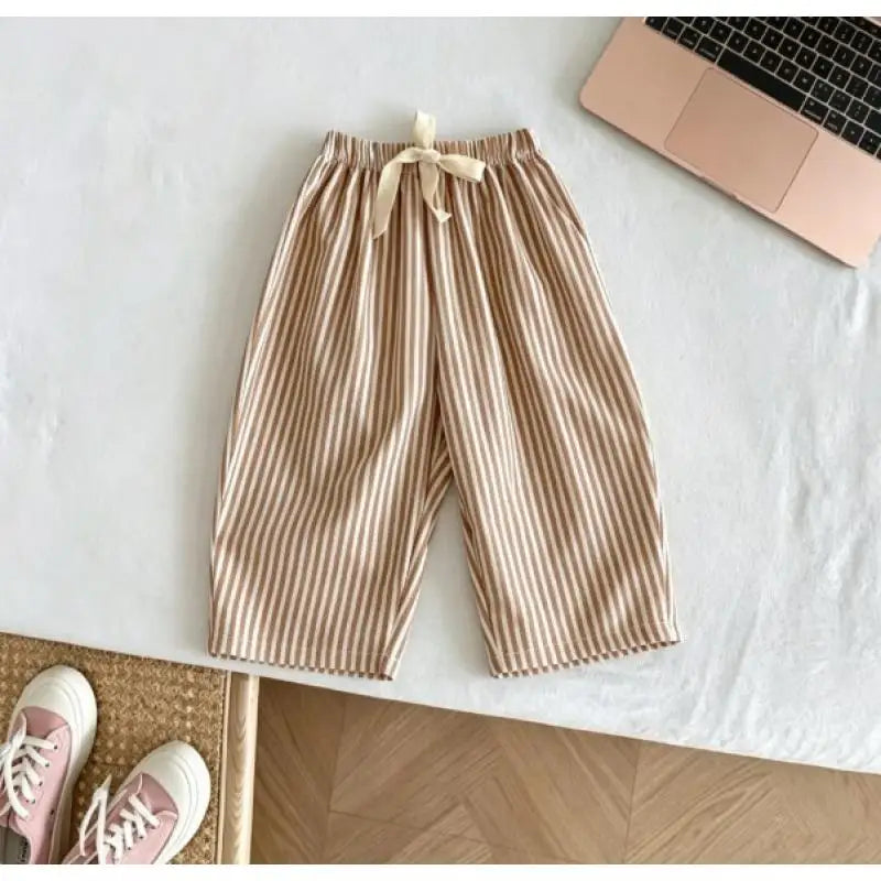 Kids Casual Loose Fit Pants Cotton Trousers With Striped Drawstring Design Multiple Color Choices Suitable For Boys And Girls
