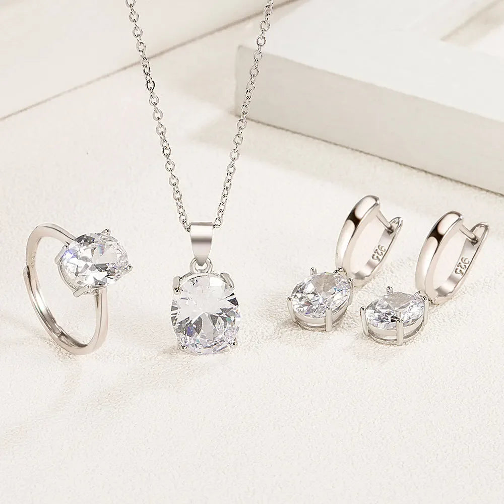S925 Sterling Silver Jewelry Sets For Women Ellipse Zircon Ring Necklace Earrings Luxury Accessories
