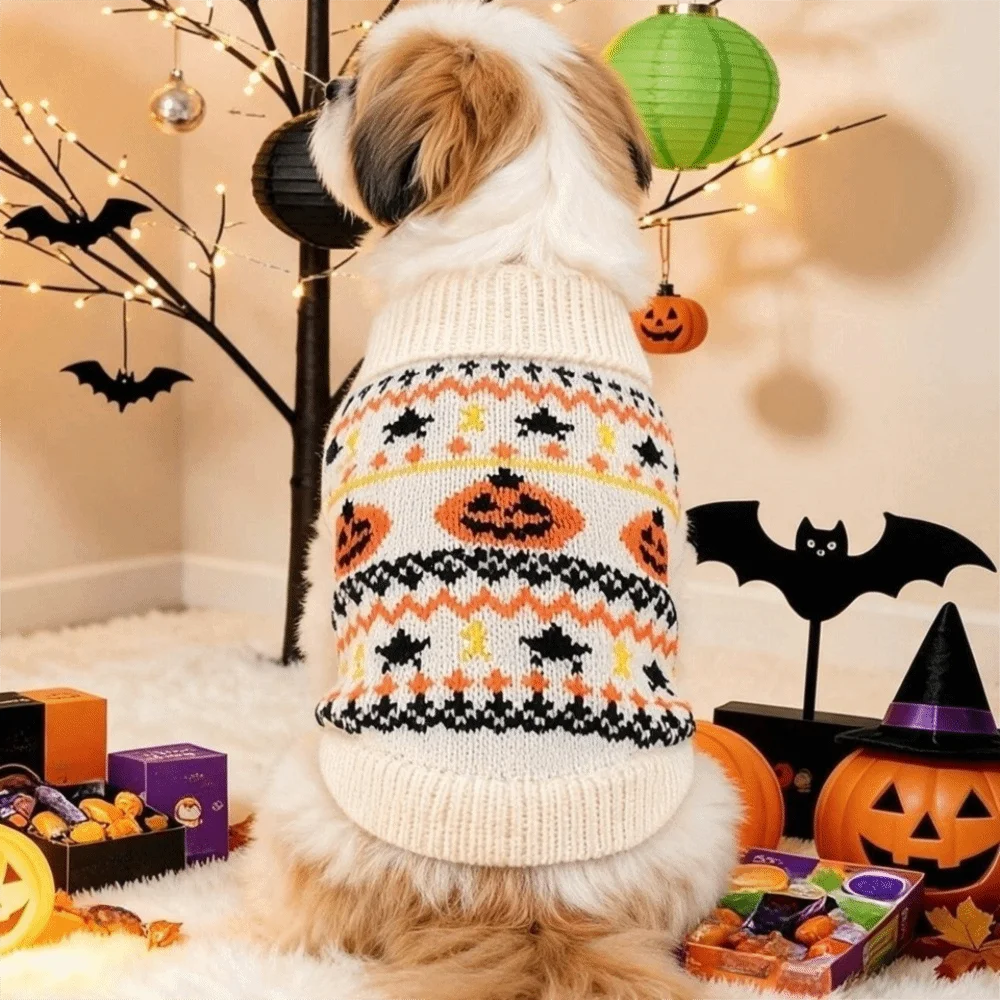 Pet Costumes Warm Halloween Pet Sweater Knitwear High Neck Dog Pumpkin Pattern Coat Soft Cozy Pet Clothing Daily Wear