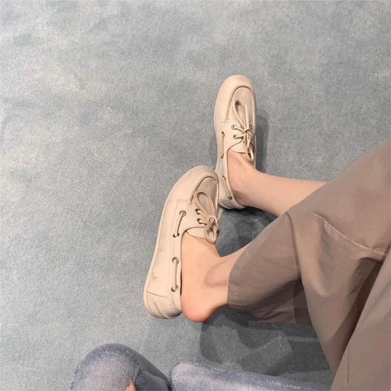 Women's Loafers Shoes Genuine Leather High Quality Round Toe Soft Bottom Flat Shoes Lace Up Breathable Ladies Casual Shoes 2026