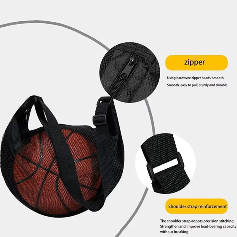 1 Pcs Single Ball Bag With Zipper Pocket Mesh Ball Storage Bag Sport Equipment Drawstring Sling Storage Net Carrying Basketball