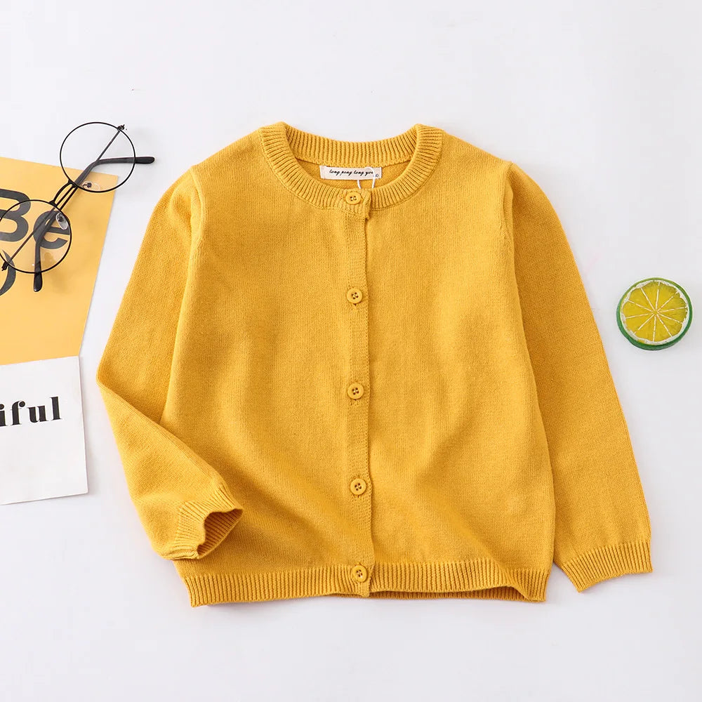 Spring Autumn New Boys Girls Sweater Solid Color Round Neck Single Breasted Design Knitted Coat For 1-8 Years Old Kids