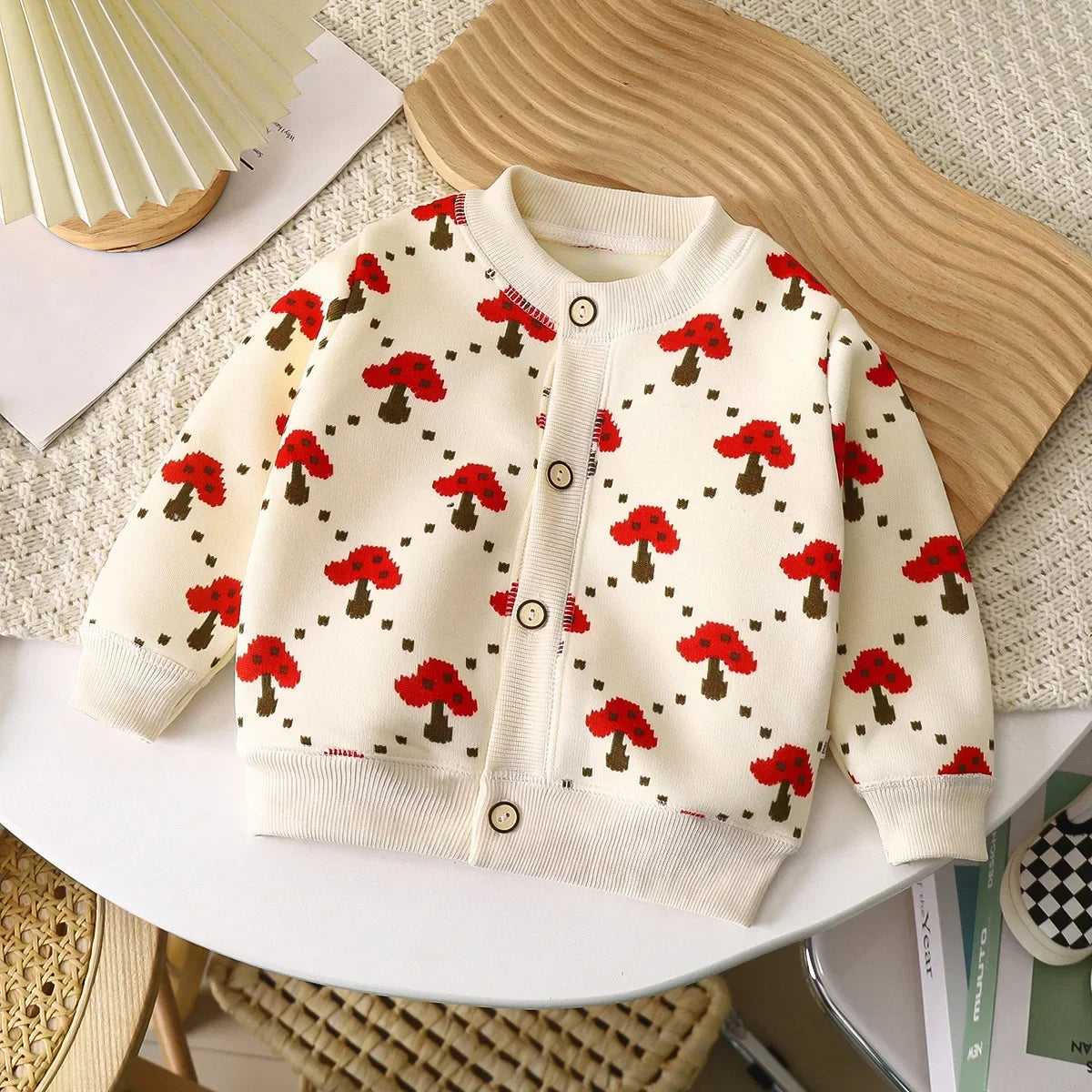 1-7T Children Long Sleeved Jacket Fur Padded Cute Girls Coat Kids Autumn Sweet Cherry Checkered Pattern Warm Cardigan Outwear