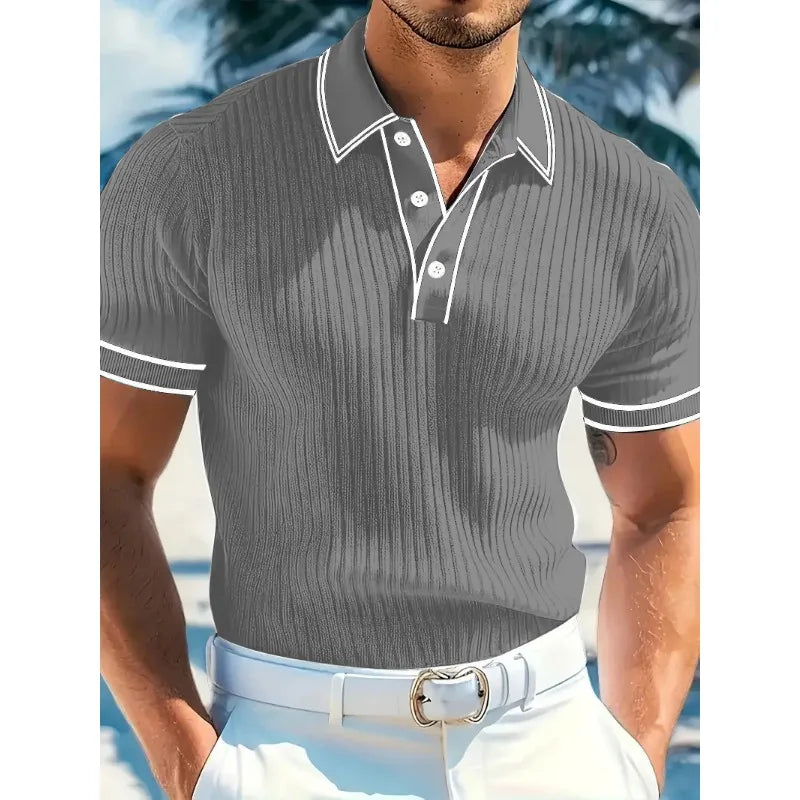 New Men's Short Sleeved Summer Color Blocked Striped Lapel Polo Shirt for Summer
