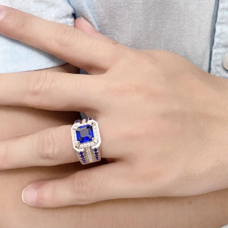 European and American fashion new men's jewelry, inlaid with blue square zircon, grand luxury men's ring