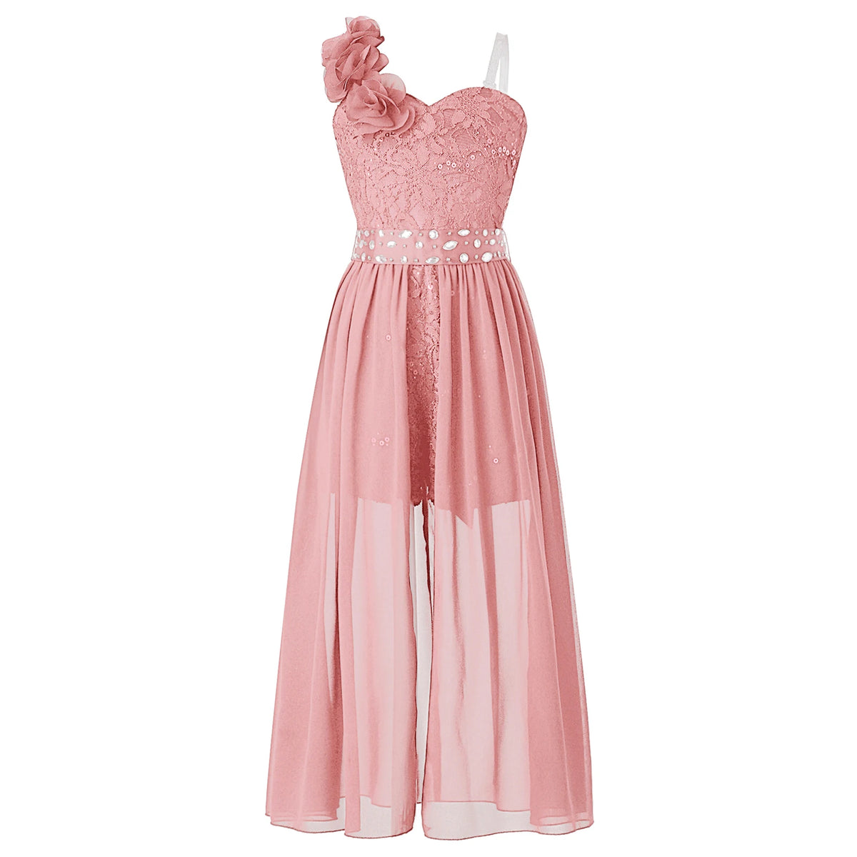 Kids Girls Elegant Party Dress Shiny Sequin Beaded Applique Lace Chiffon Jumpsuit Dress for Wedding Birthday Prom Pageant Evenig