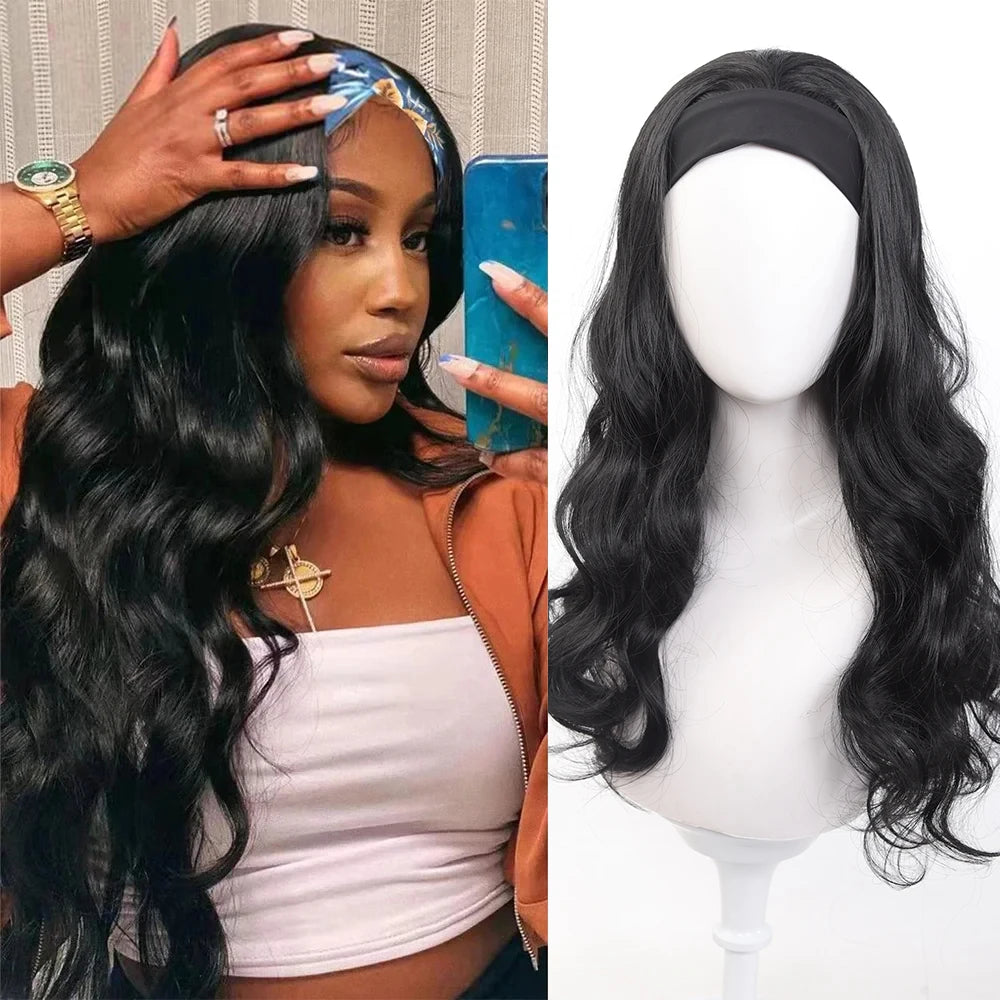 Long Synthetic Wavy Headband Wig for Women Black Wigs with Brown Blonde Highlight 100% Denisty Headband Wigs Glueless Wig Daily