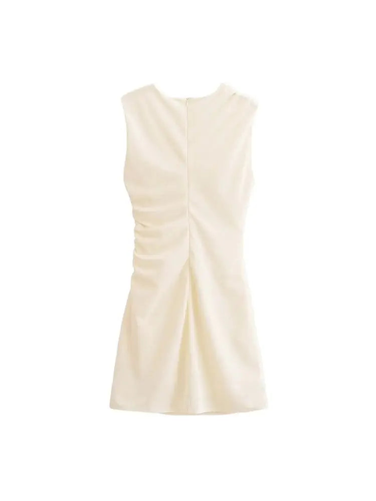 Women's Draped Mini Dress, O Neck, Sleeveless, Back Zipper, Female Dresses, Sexy Fashion