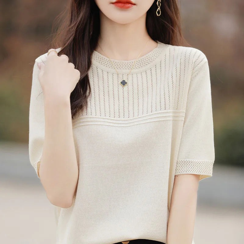 Summer New Round Neck Women's Ice Silk Sweater Temperament Joker Loose Slim Short Sleeve Age-Reducing Fashion Sweater