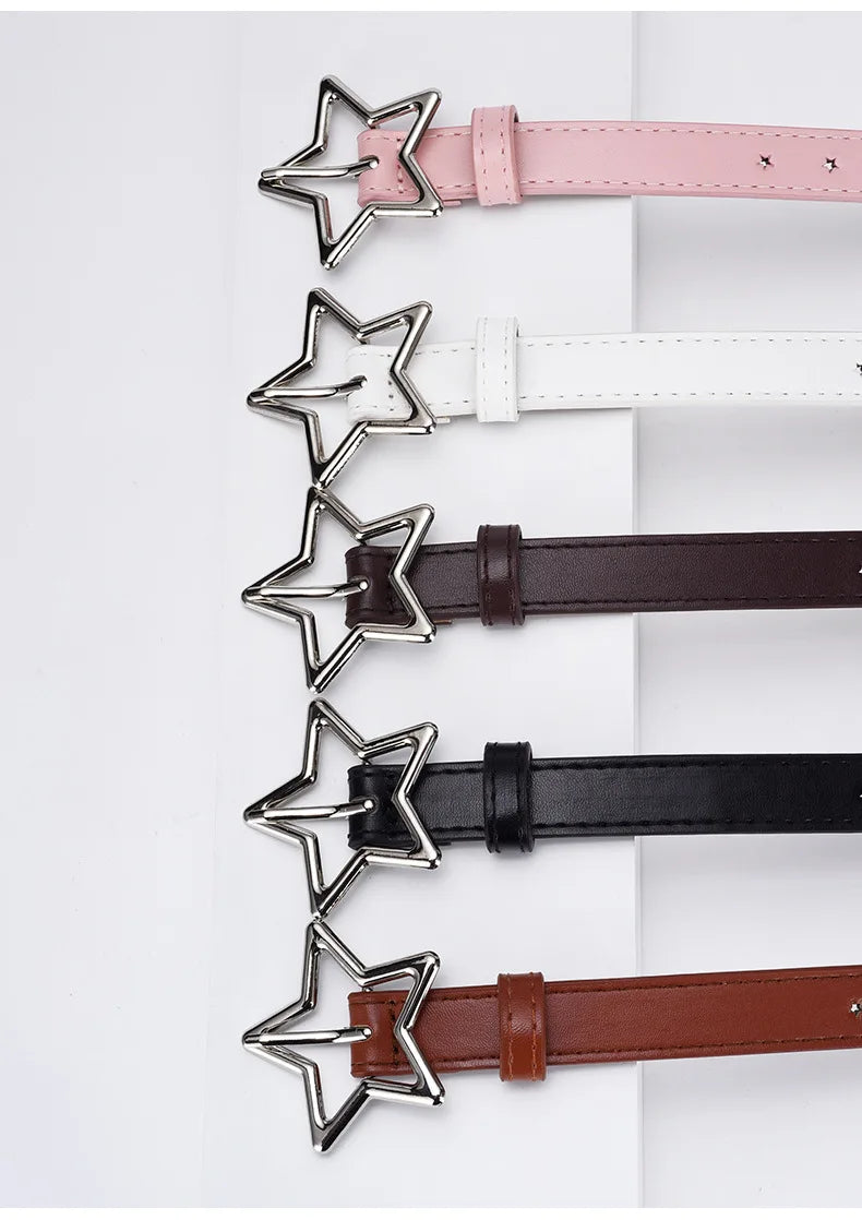 1.8x93cm Children Kids Five-pointed Star Metal Snap PU Leather Belt Girls Boys Silver Buckle Waistband Pants Decor Waist Belt