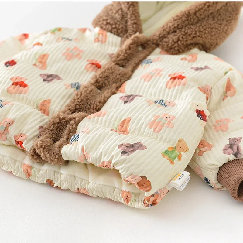 Winter Children Coat 0-3Y Boys Girls Cute Bear Printed Jacket Warm Fleece lined Kids Outerwear
