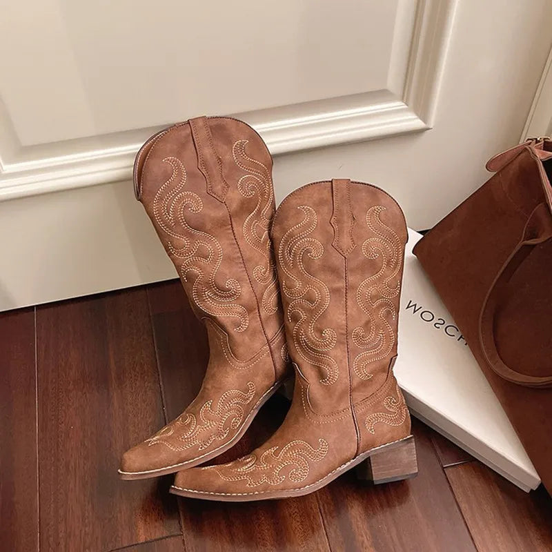 Embroidered Western Cowboy Boots for Women Autumn Pointed Toe Thick Heel High Knee Boots Woman Loose PU Leather Long Botas Mujer