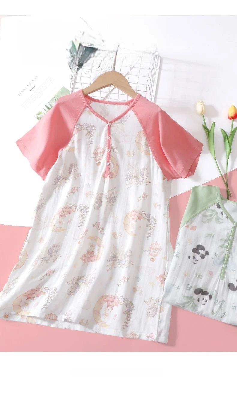 Lightweight Gauze Children's Summer Pajamas Breathable Cartoon Printed Girls' Nightgown Cute One-Piece Pajamas