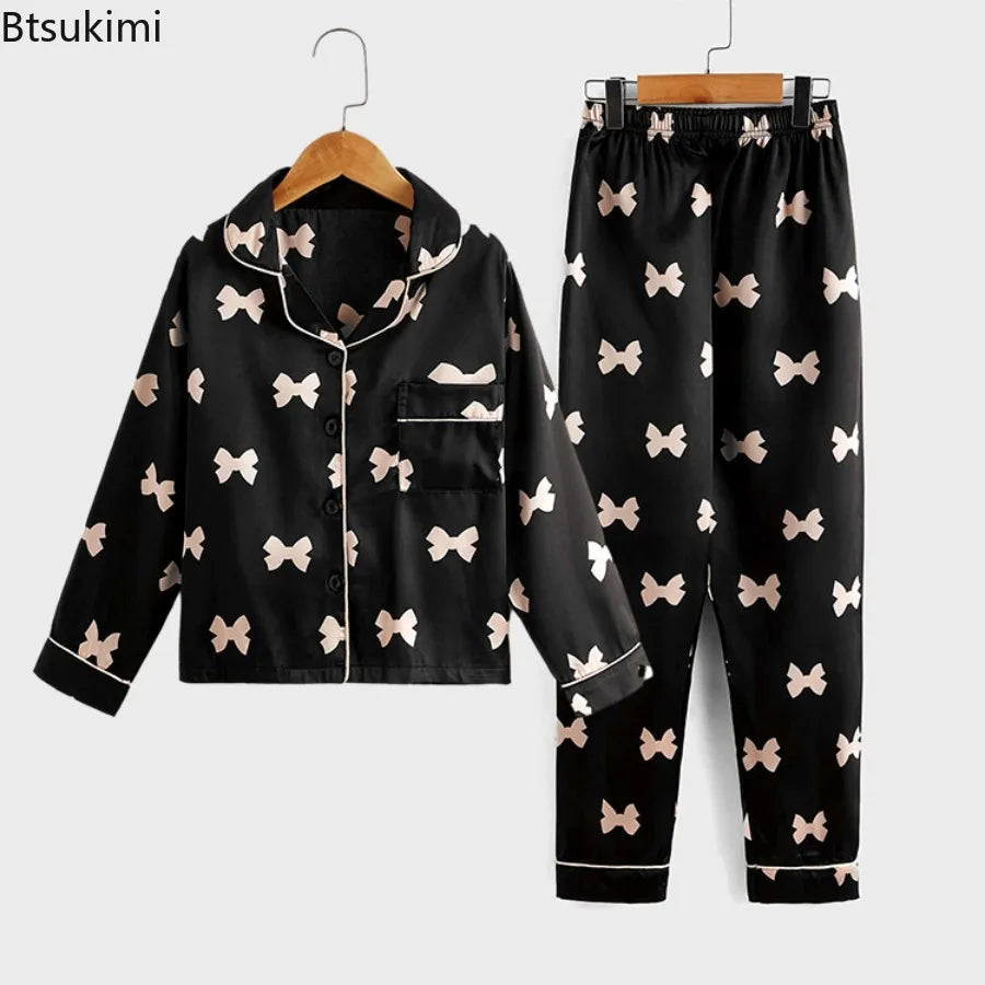 Autumn New Children's Pajama Set Imitation Silk Bow Printed Two-piece Pajamas Girls Solid Color Casual Long Sleeves Home Clothes