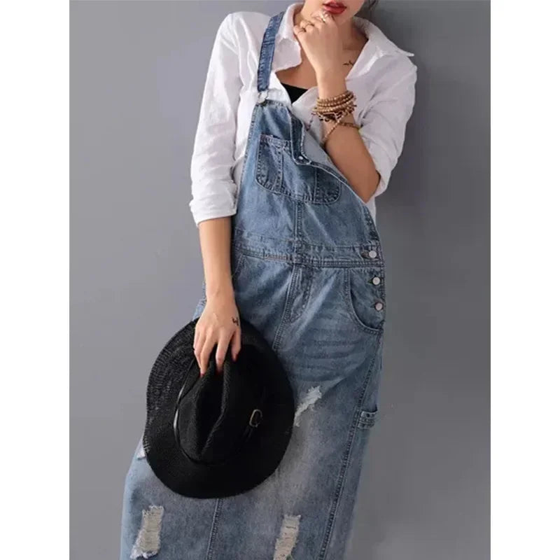 Women Denim Dresses Suspender Sleeveless Strap Straight Long Skirts Romper Loose Jumpsuit Overalls Jeans Dresses 2024 Vestidos