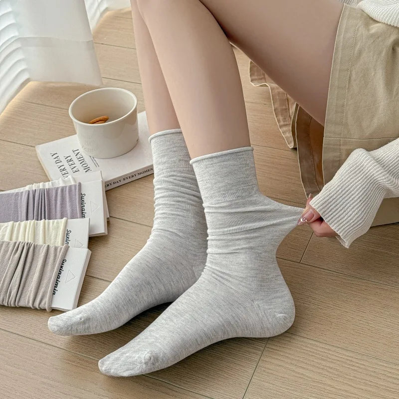 Women Socks Japanese Fashion Cotton Thin Breathable Long Socks Women Korean Style Casual Solid Color Black White Gray Socks Sox