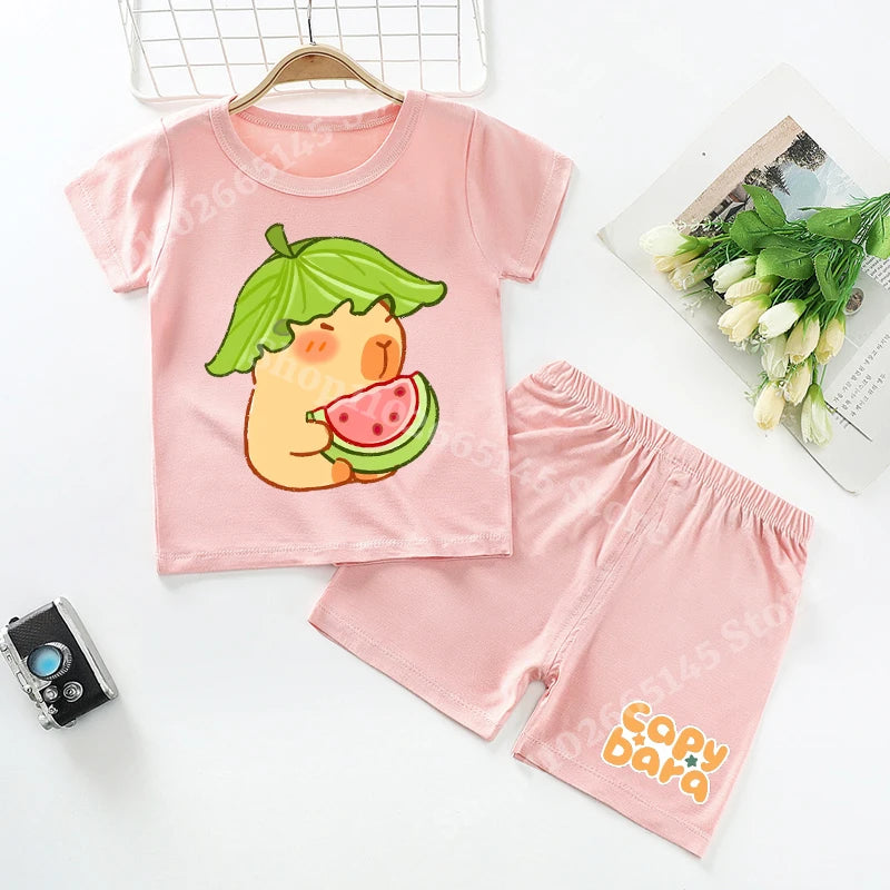 Capybara Kids Pajamas Shorts Set Summer New Capibara Home Clothes Boys Girls Anime Nightwear Pants Children Short Sleeve Gift
