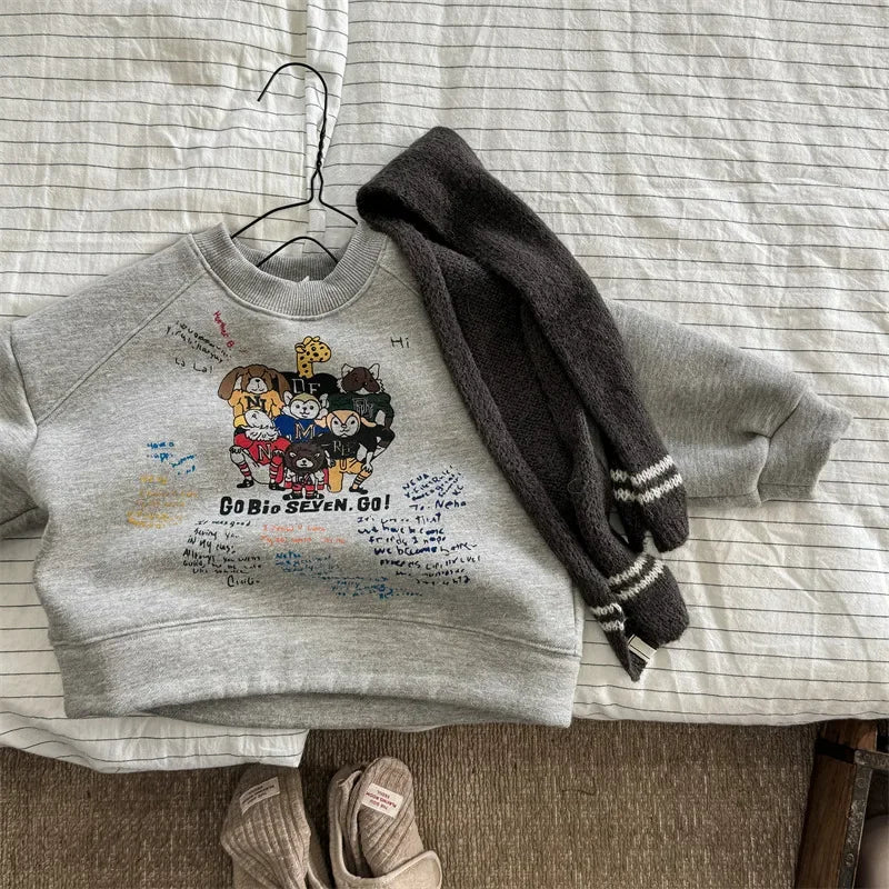 Kids Fleece Sweatshirt Winter Boys Girls Korean Style Warm Pullover Top Long Sleeve Toddler Baby Clothes Cotton Thick Unisex