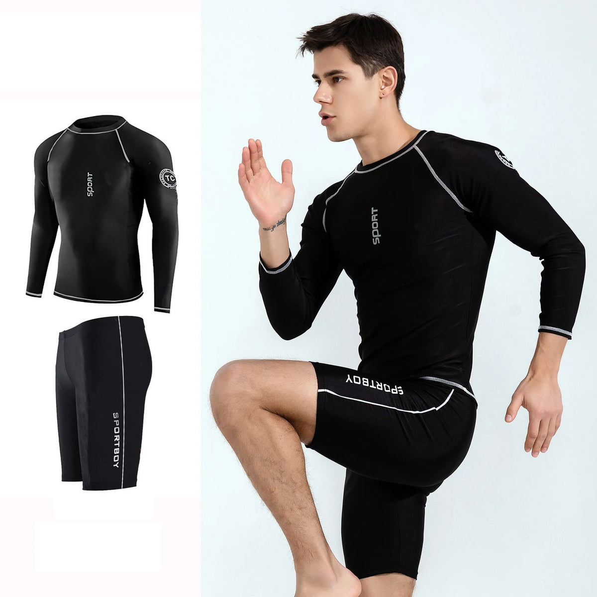 Swimwear Men 2 Piece Sets Tight Elastic Shorts Shirts Swimsuit Surf Board Bathing Suit Rash Guards Wetsuits Sports Beachwear New