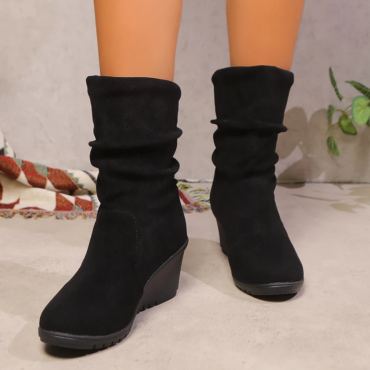 Women Wedges Boots 2024 New Winter Fashion Casual Shoes for Women Elegant High Heels Round Toe Platform Solid Color Boots Women