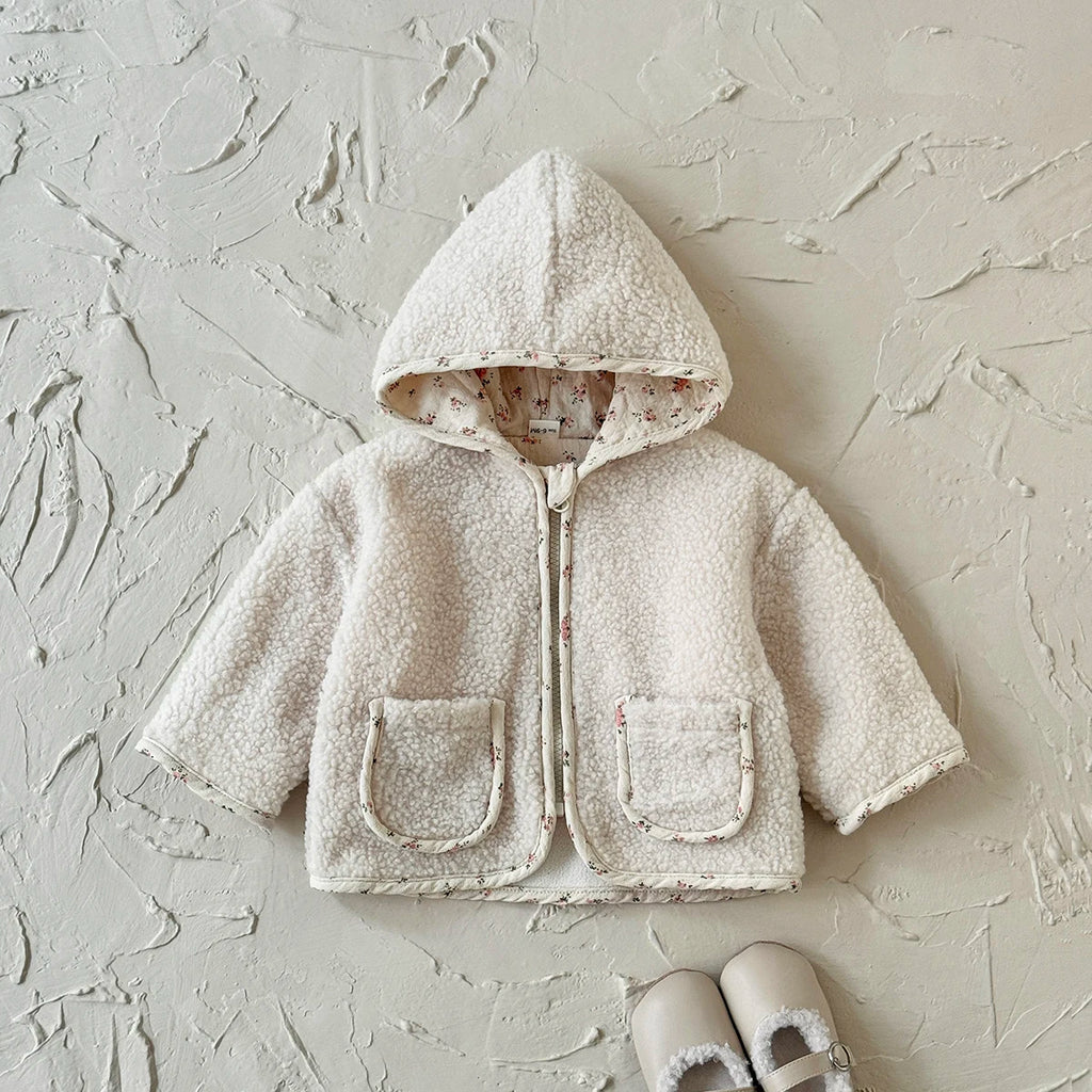 Toddler Baby Girl Jackets Long Sleeve Small Floral Plush Hooded Jacket with Two Pockets Kids Coats Outerwear Children Clothing