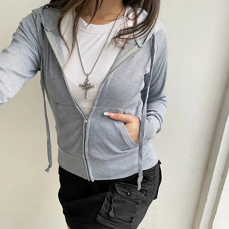Casual Streetwear Basic Hooded Pockets Sweatshirt Tracksuit Solid Long Sleeve Hoodies Women 2025 Autumn Spring Fashion