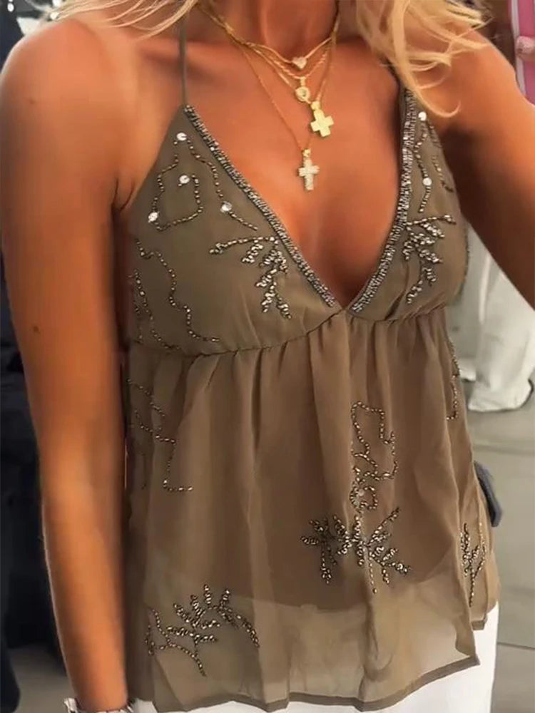 Bead Studded Women Halter Top Sequin Straps Large Backless Lace Up Sexy V-Neck Vest Suspender Mesh Micro perspective Tank Blouse