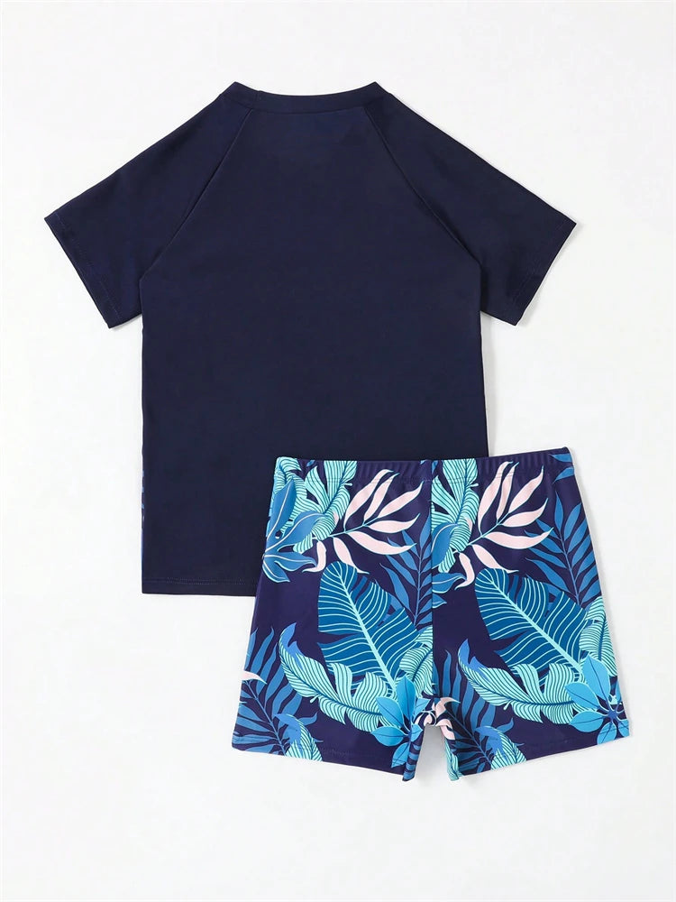 Boy Kids Swimsuit 2026 New Solid Print Short Sleeve Children Swimwear Summer Two Piece Split Beachwear Bathing Suit For Swimming