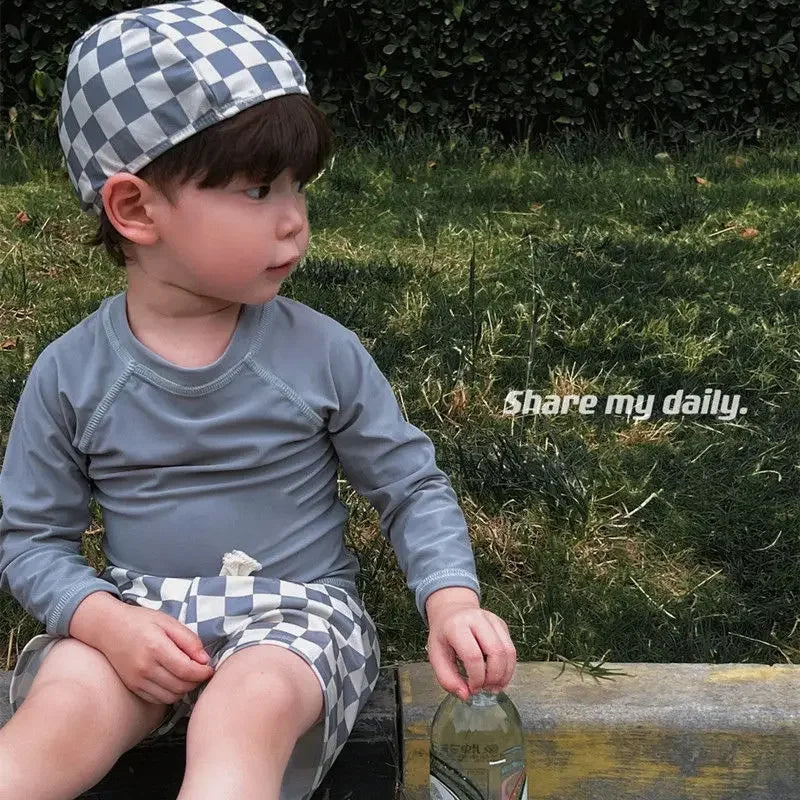 1-7Y New Children's Swimwear for Boys Children's Checkered Split Sun Protection Long Sleeve swimsuit  for Baby Swimwear  유아 수영복
